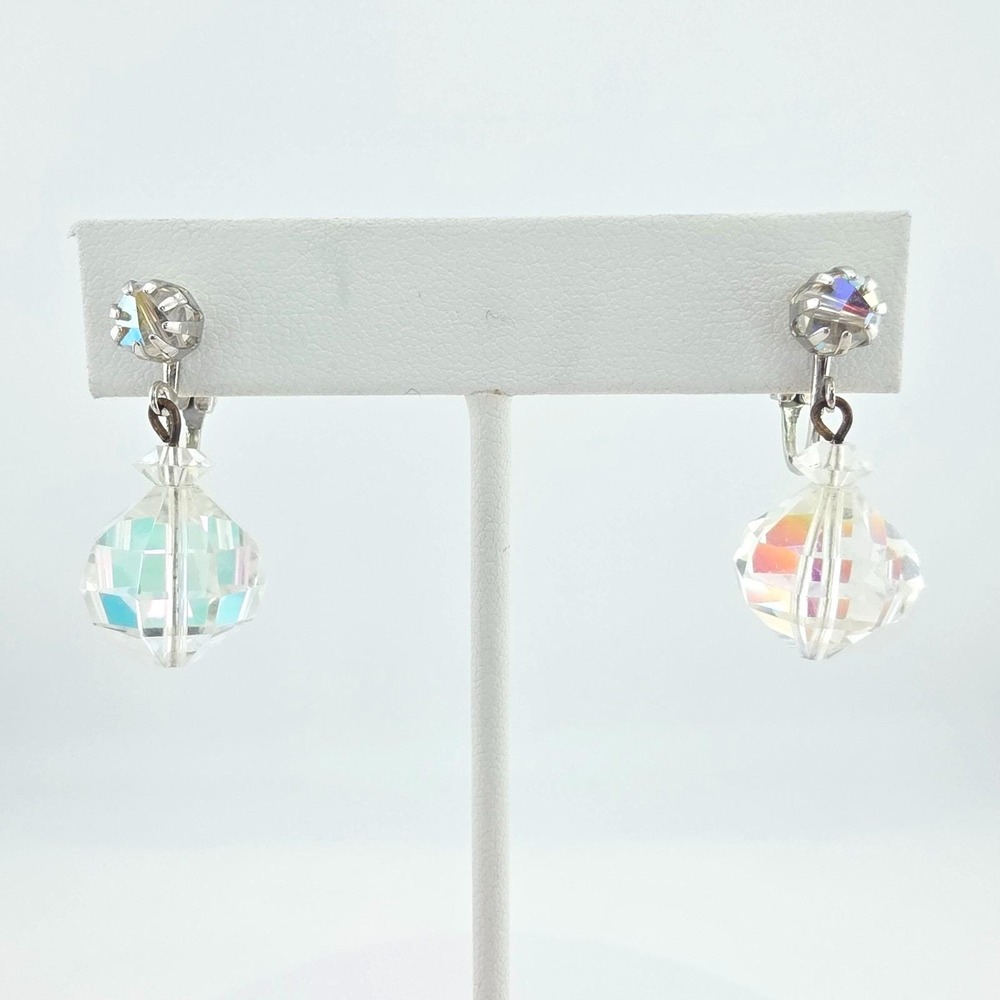 Vtg 80 Yr Old LAGUNA Crystal Earrings Screw Back Aurora Borealis  Silver Tone